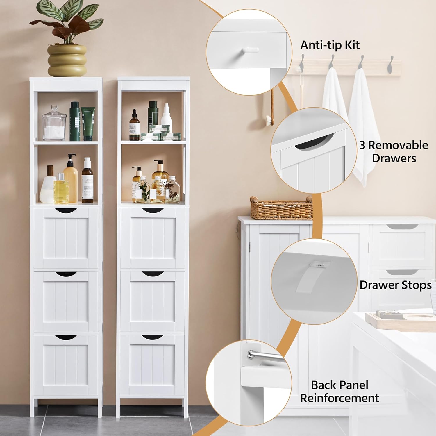 Tall Slim Bathroom Cabinet White 3 Drawers 2 Shelves Unit