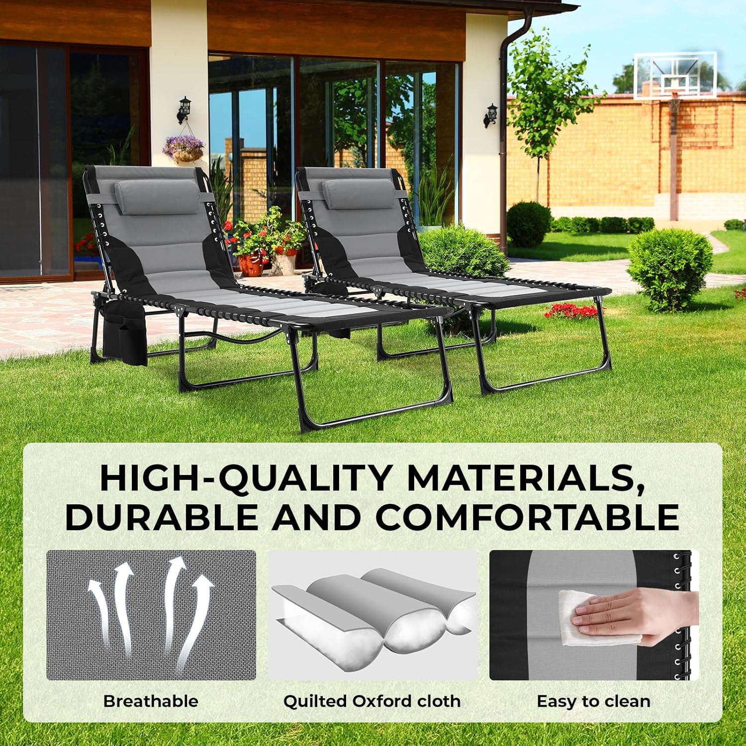 Set of 2 Oversized Folding Sun Loungers Dark Grey