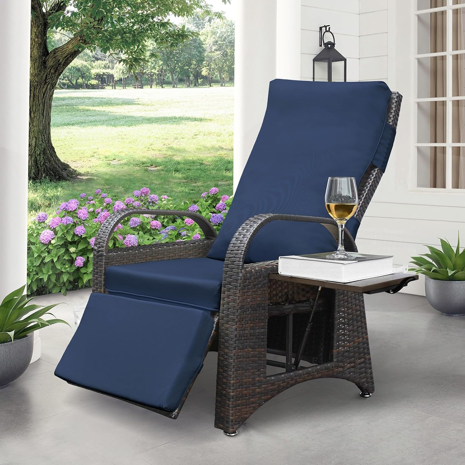 Rattan Recliner Garden Chair with Side Table Navy Blue