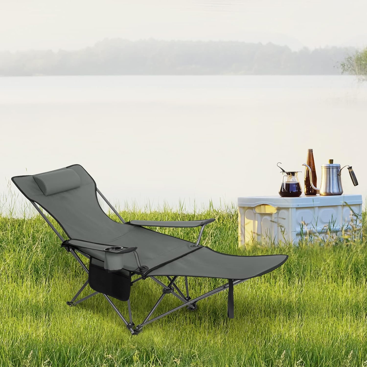 Reclining Camping Chair Folding Seat with Footrest Headrest