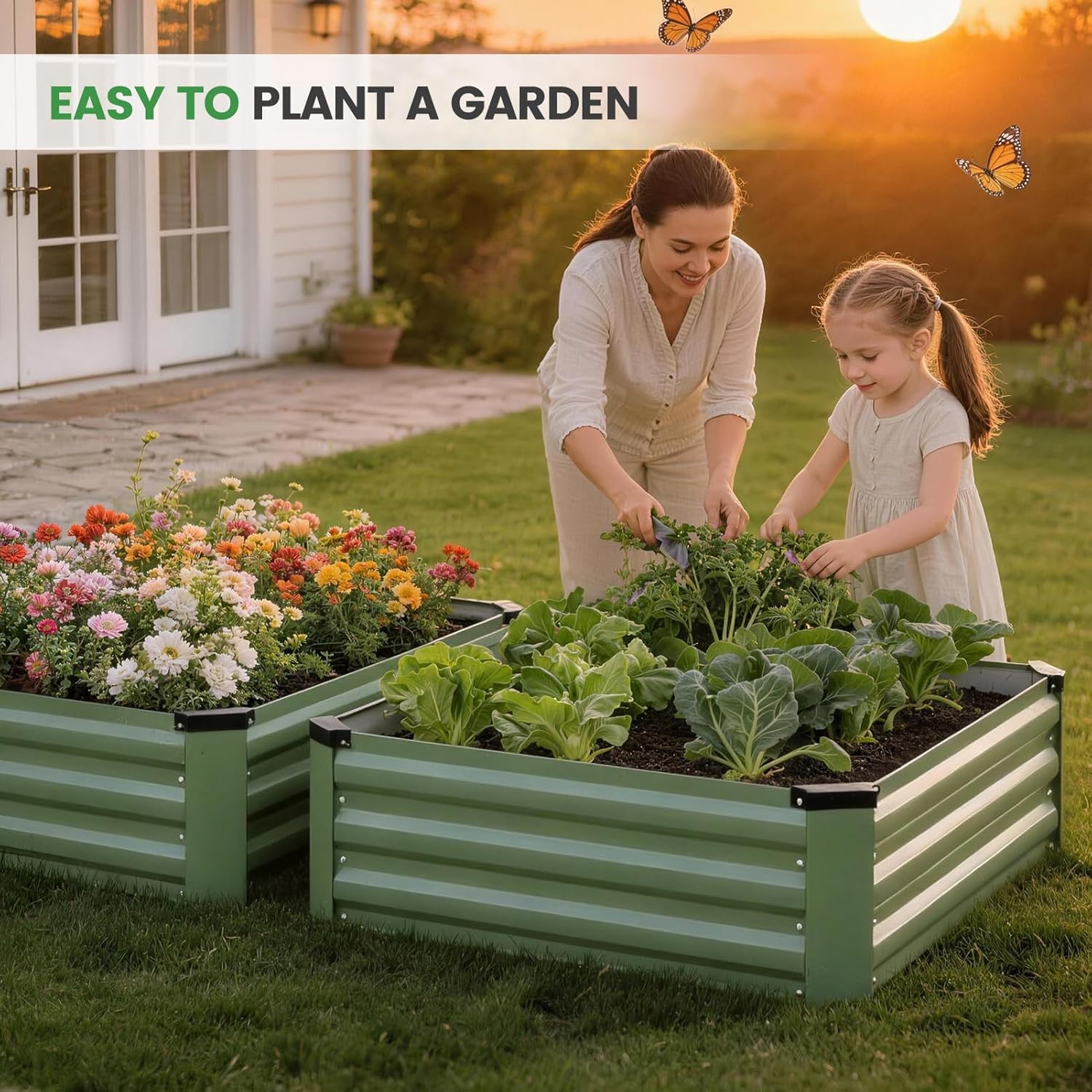 Set of 2 Metal Raised Garden Beds 90x90cm Olive Green