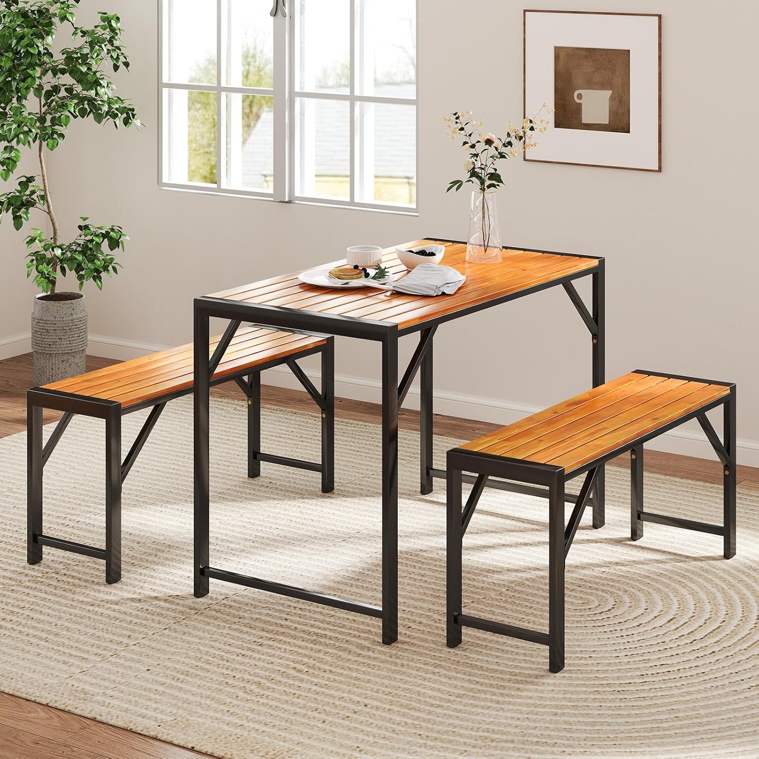 3 Piece Wooden Garden Dining Set Table & 2 Benches Patio Furniture