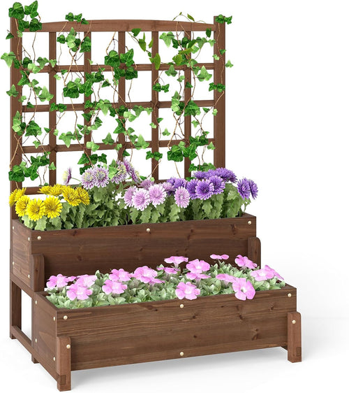 2 Tier Raised Garden Bed with Trellis Wooden Planter 121cm