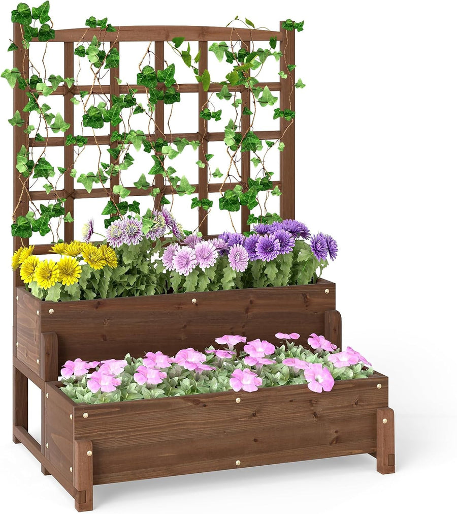2 Tier Raised Garden Bed with Trellis Wooden Planter 121cm