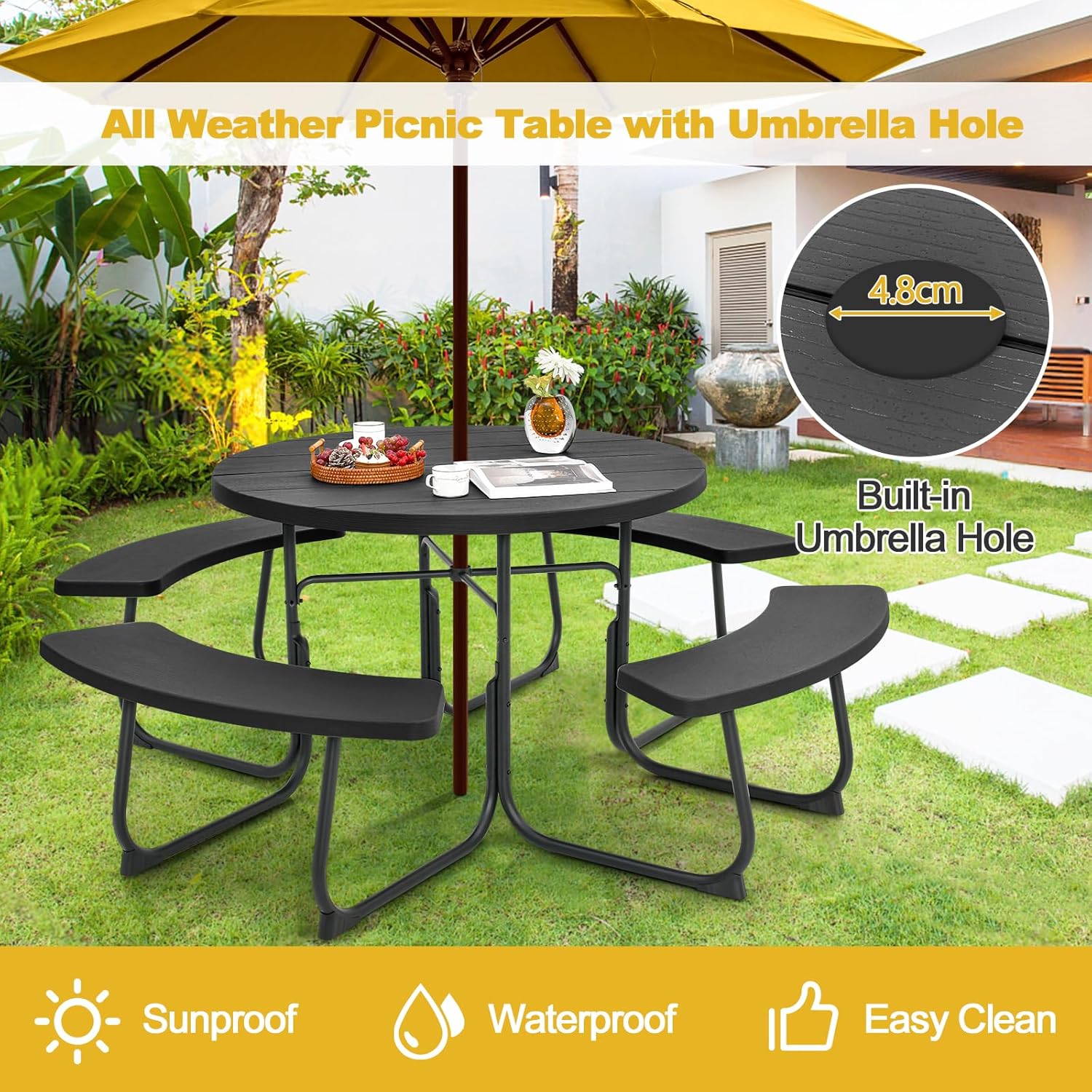 8 Seater Round Picnic Table Bench Set Outdoor Patio w/Parasol Hole Black