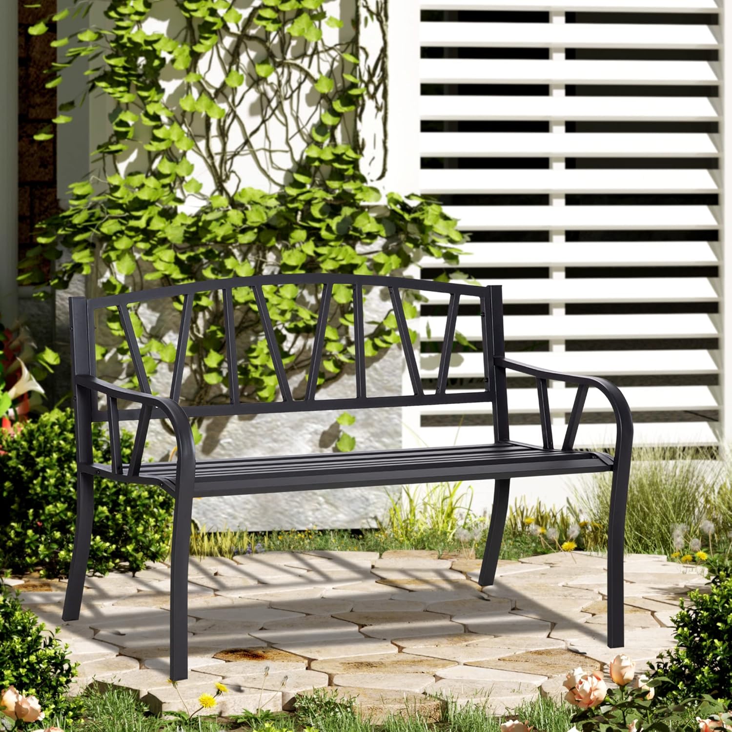 2 Seater Metal Garden Bench Outdoor Patio Loveseat Chair Black