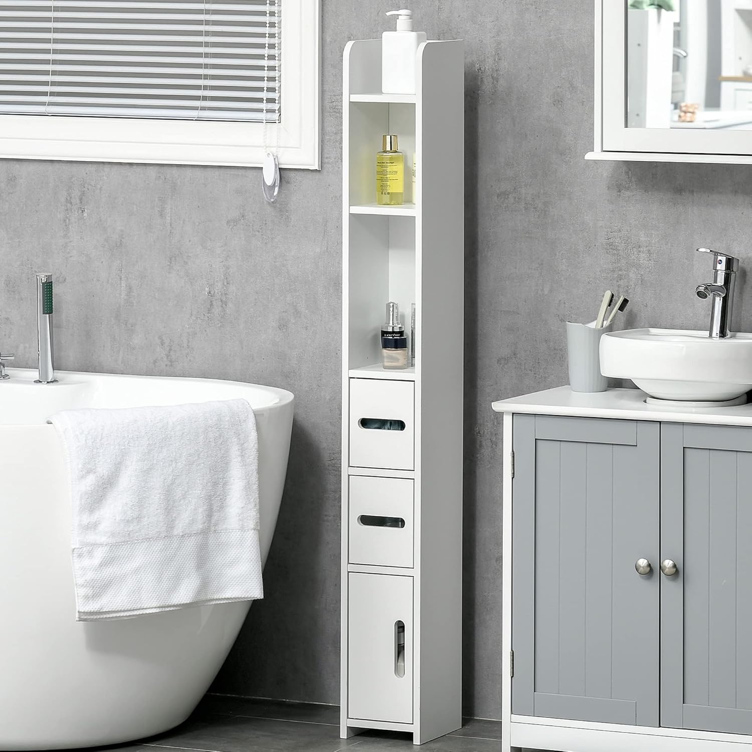 Slim Tall Bathroom Storage Cabinet 3 Doors Open Shelves White