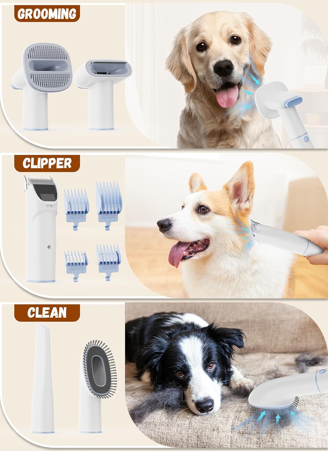 Dog Grooming Vacuum Kit 10KPa 2.5L Hair Remover Set