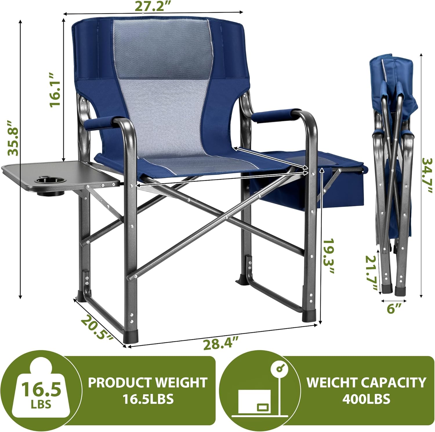 Oversized Folding Camping Chair with Cooler Side Table 400LB Blue