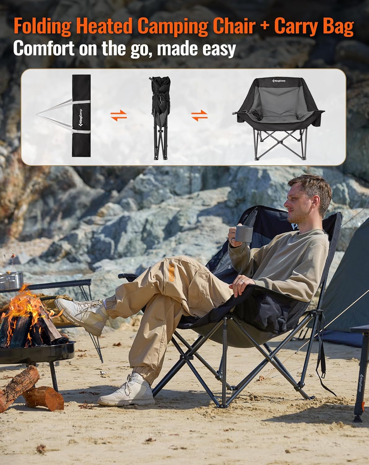 Heated XL Camping Chair 200KG Cooler Pocket