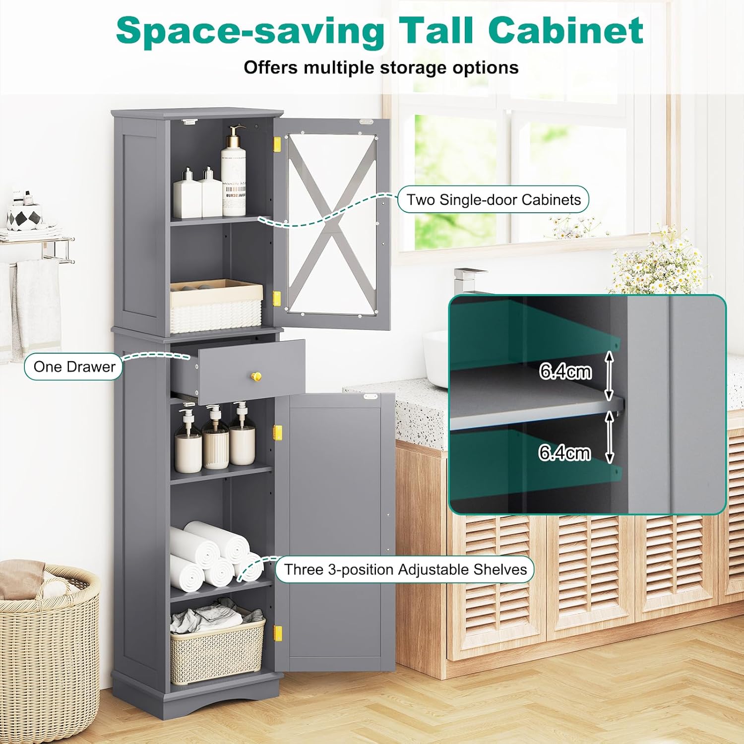 Slim Bathroom Tall Cabinet Drawer 2 Door Shelf Unit Grey