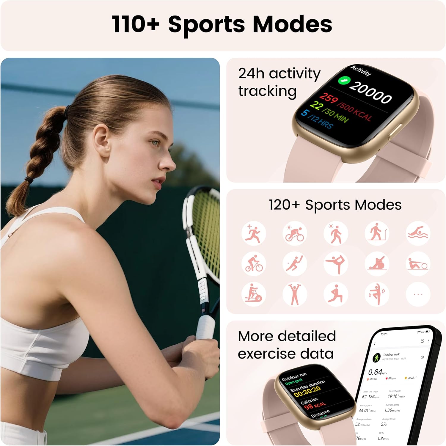 Pink Smart Watch Alexa Bluetooth Call 110 Sports HD