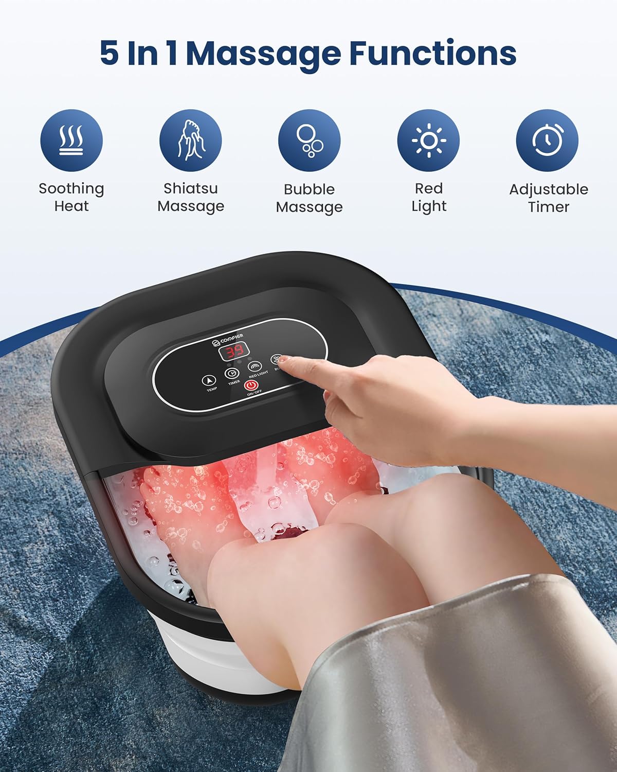 Foldable Foot Spa Massager Heat Bubble 3D Rollers Timer Bath