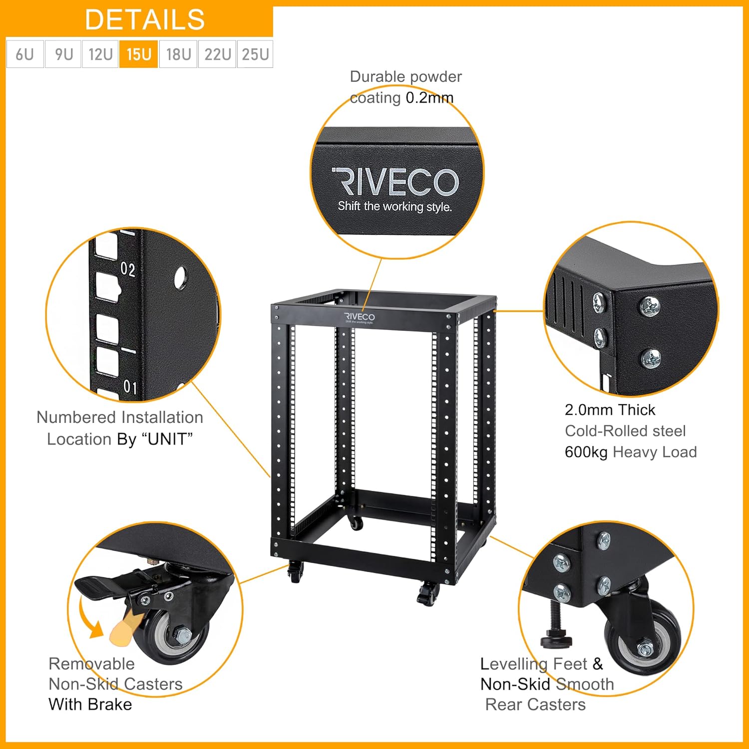 15U Open Frame Server Rack with Wheels 19 Inch Heavy Duty