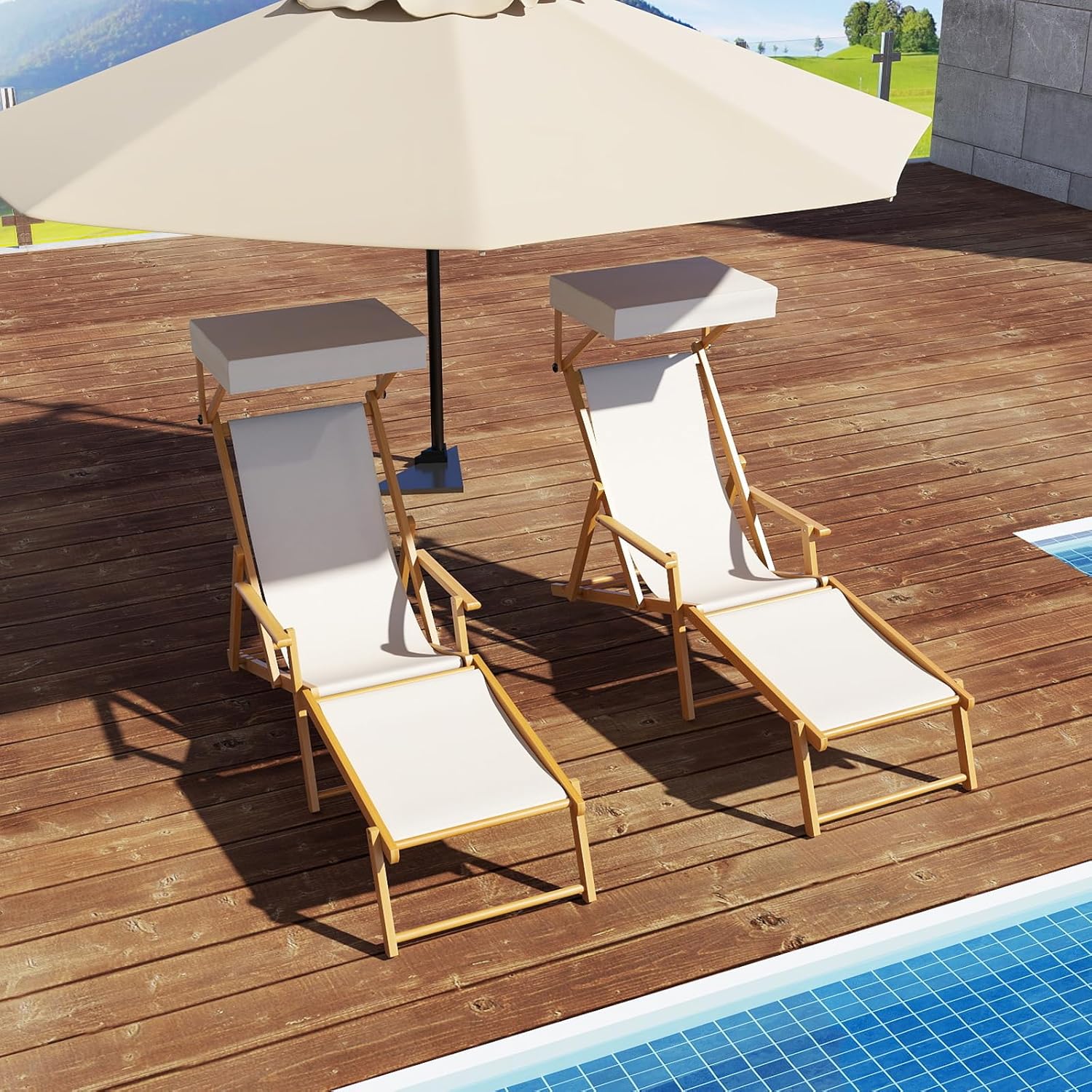 Foldable Wooden Sun Lounger with Canopy Recliner Beige