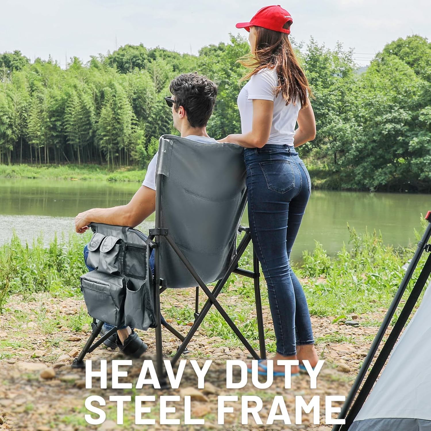 Oversized Outdoor Camping Chair with Cooler Pocket Grey