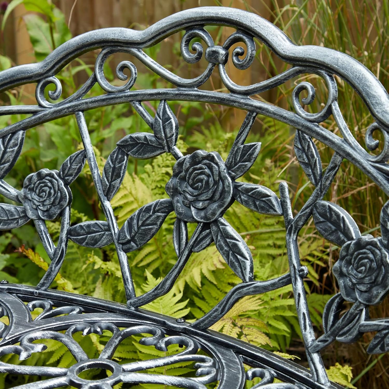 2 Seater Cast Iron Garden Bench Rose Back Patio Seat Grey