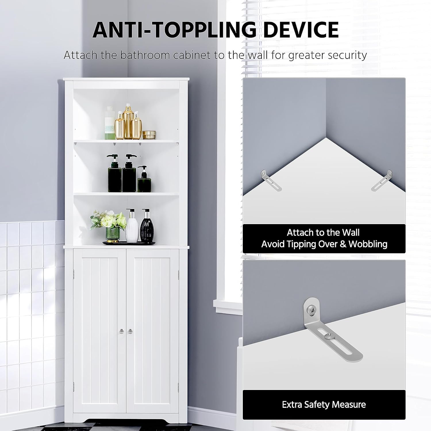 Tall Corner Bathroom Cabinet White Adjustable Shelf Unit