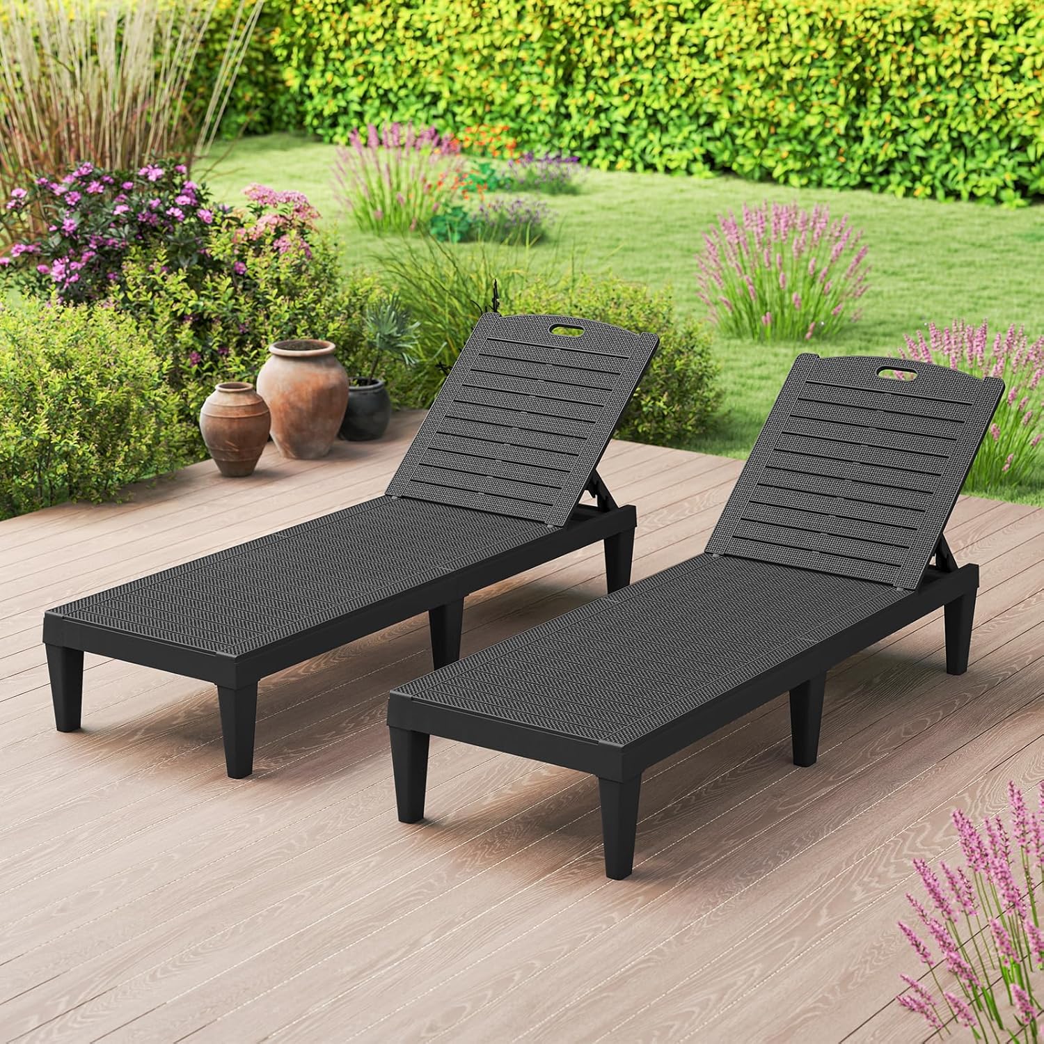 Set of 2 Rattan Style Sun Loungers Black 5 Level