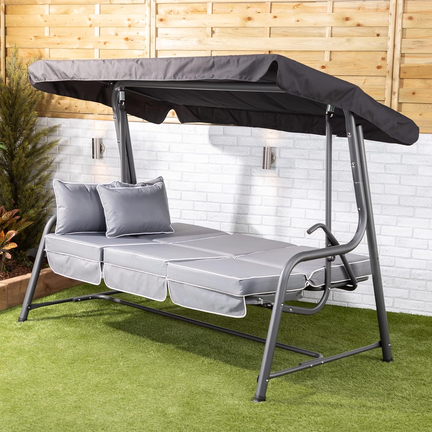 3 Seater Reclining Garden Swing Bed Grey Canopy Cushions 250kg