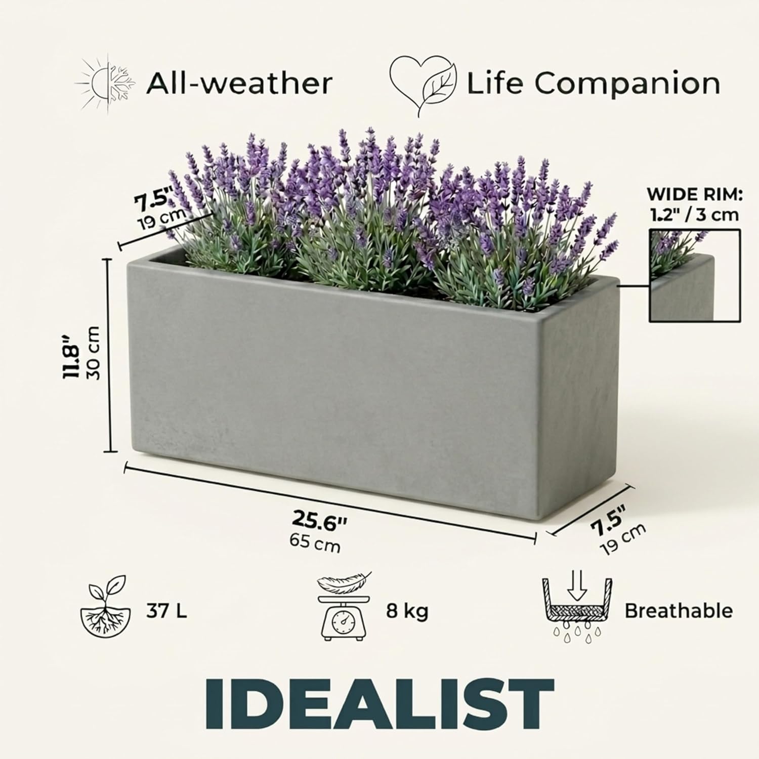 65cm Trough Planter Grey Stone Effect Garden Pot Rectangular