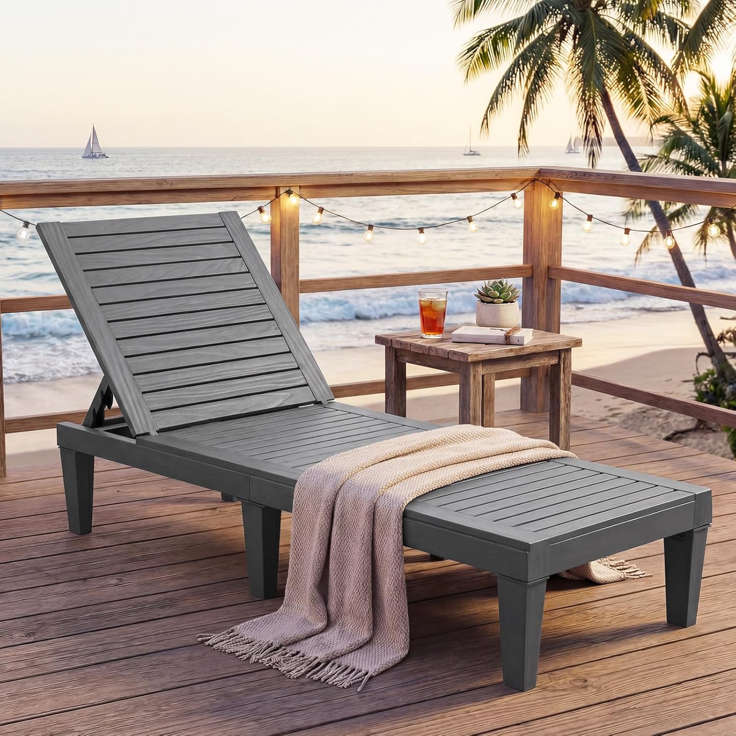 Sun Lounger 5 Position Recliner Chair Grey Wood Effect
