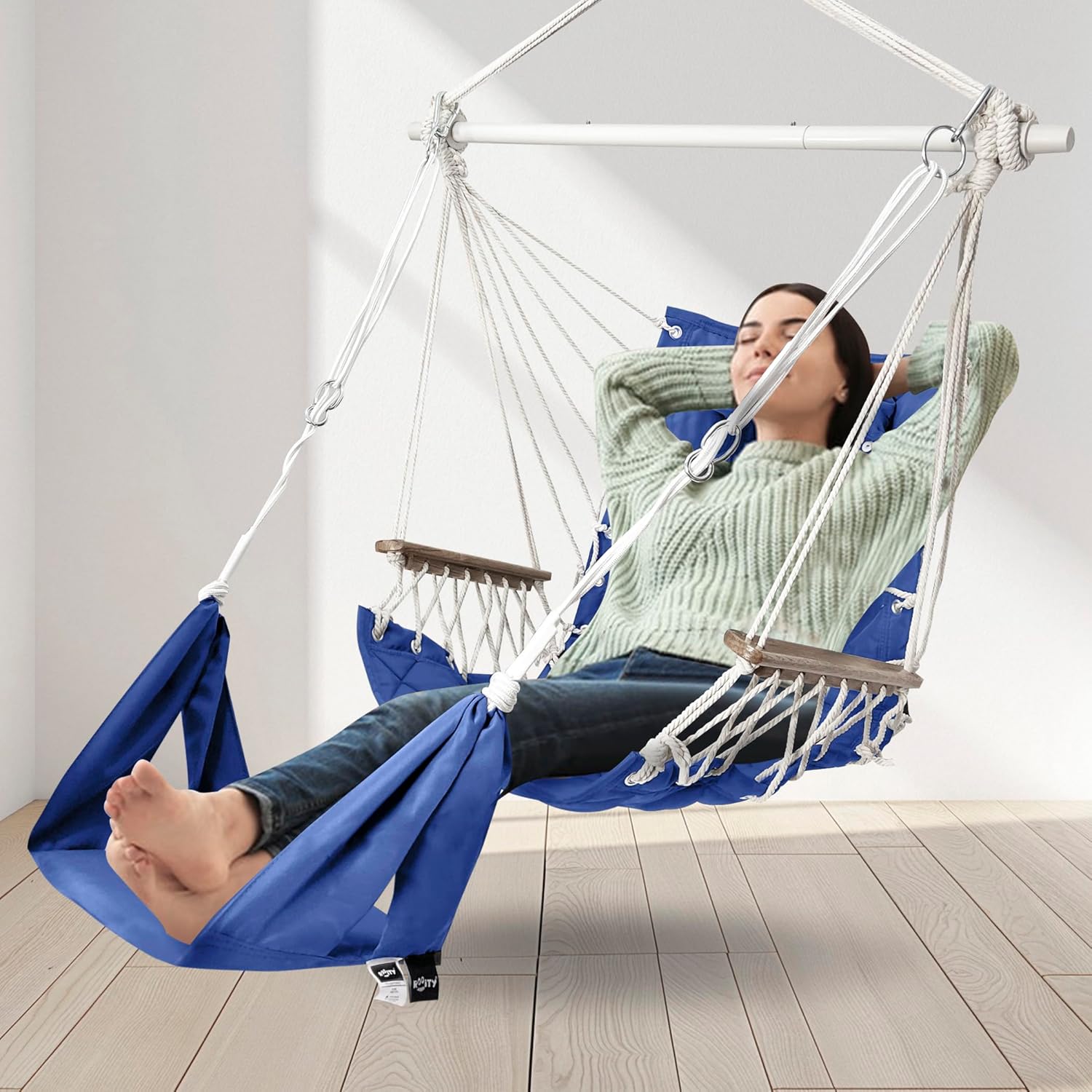 Luxury Hammock Swing Chair with Footrest Headrest Blue