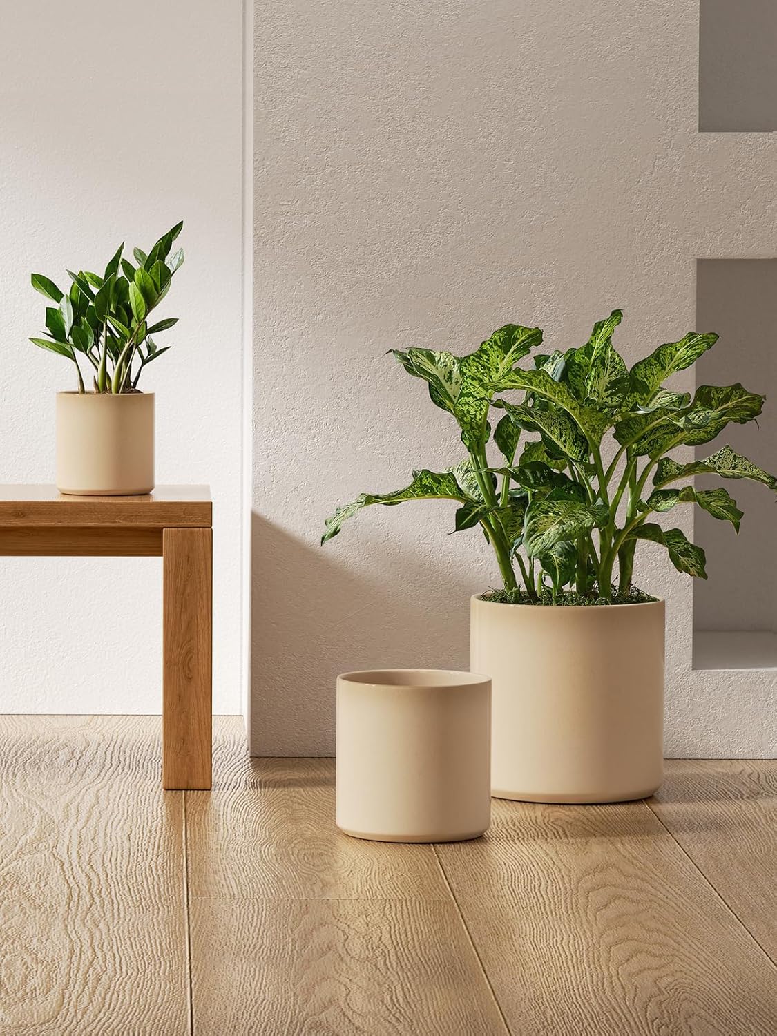 Ceramic Plant Pots Set 3 Sand Beige Indoor Planters Drainage