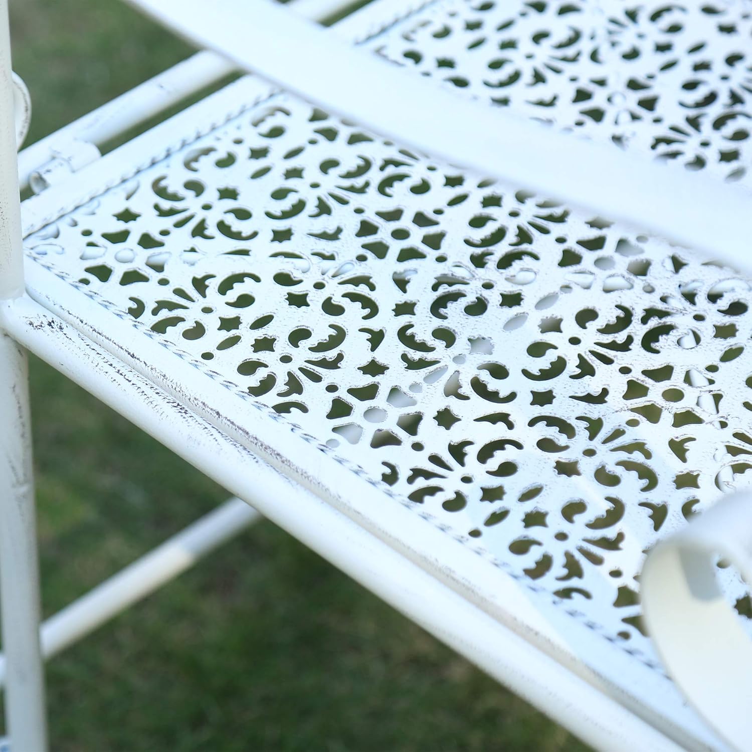 Foldable Metal Garden Bench Vintage Patio Seat White Iron