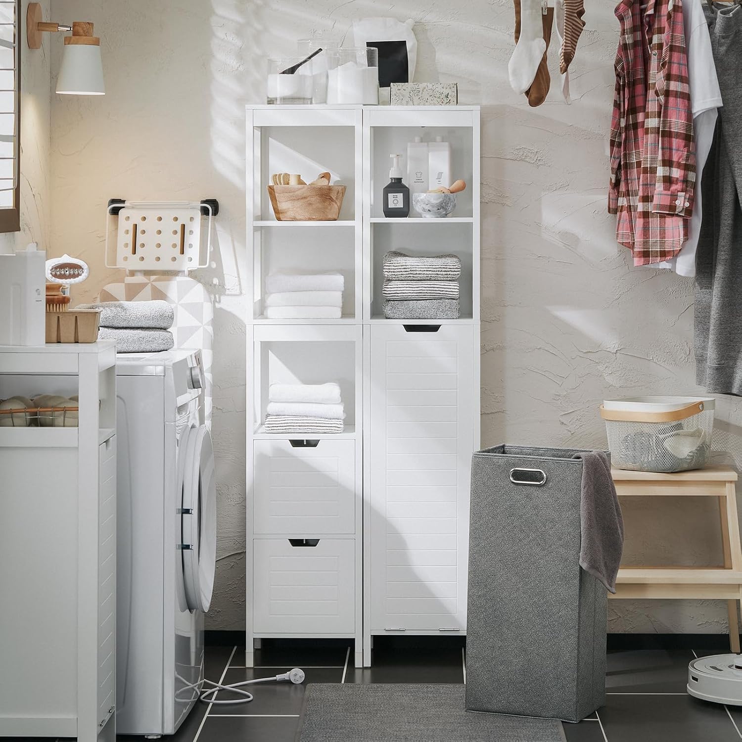 Slim Bathroom Storage Cabinet Laundry Basket Tall Shelf Unit White