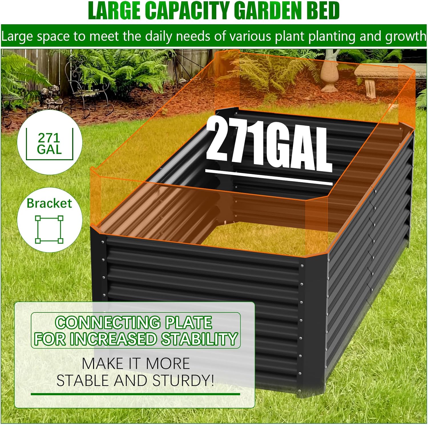Large Metal Raised Garden Bed 183cm Black Steel Planter