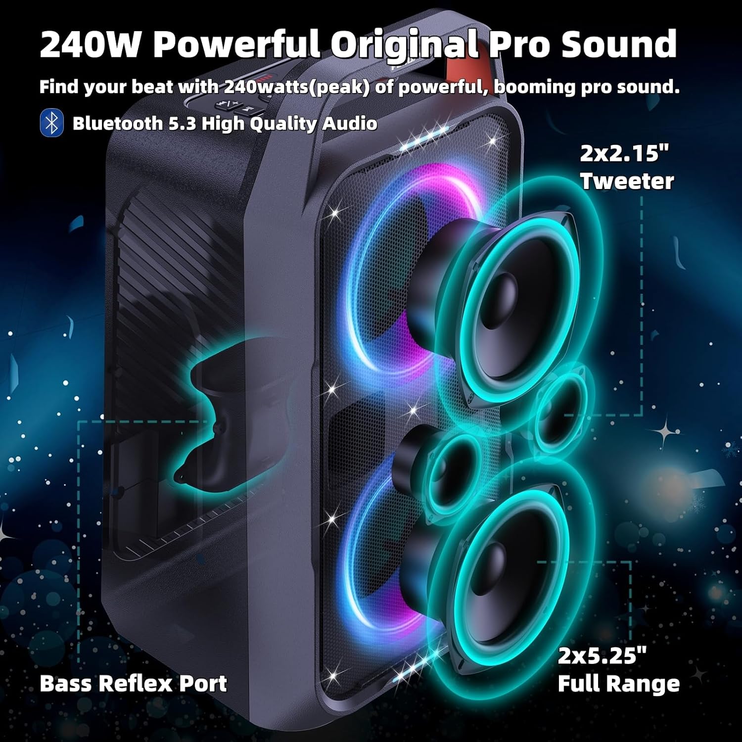 240W Portable Bluetooth Party Speaker Loud Bass LED Lights TWS