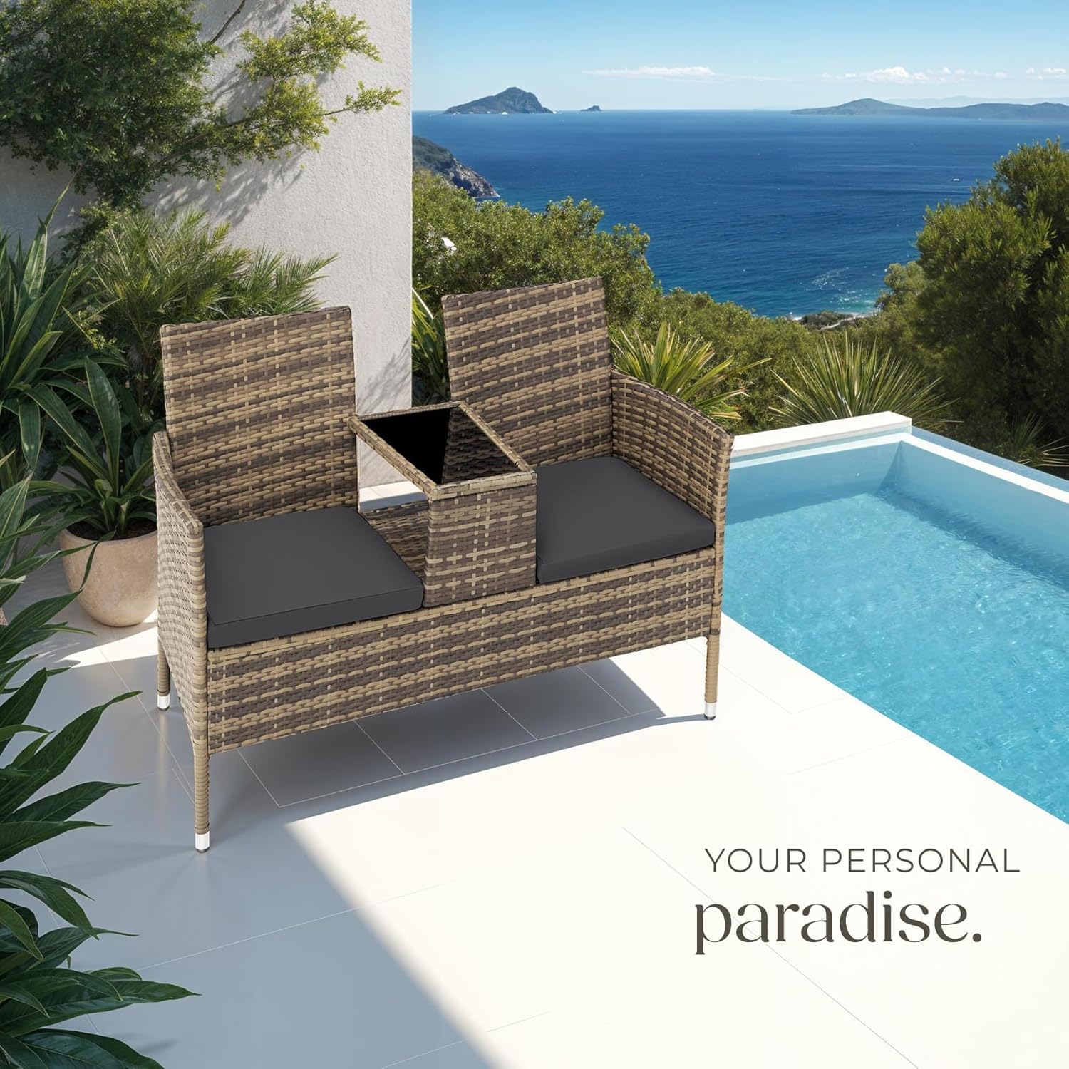 2 Seater Rattan Garden Bench with Table Patio Bistro Love Seat