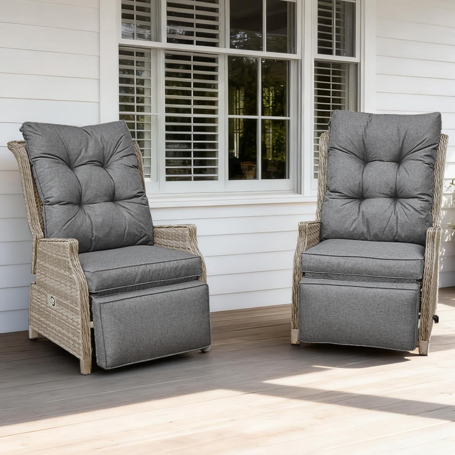 2 Piece Rattan Reclining Garden Lounger Set Grey Beige