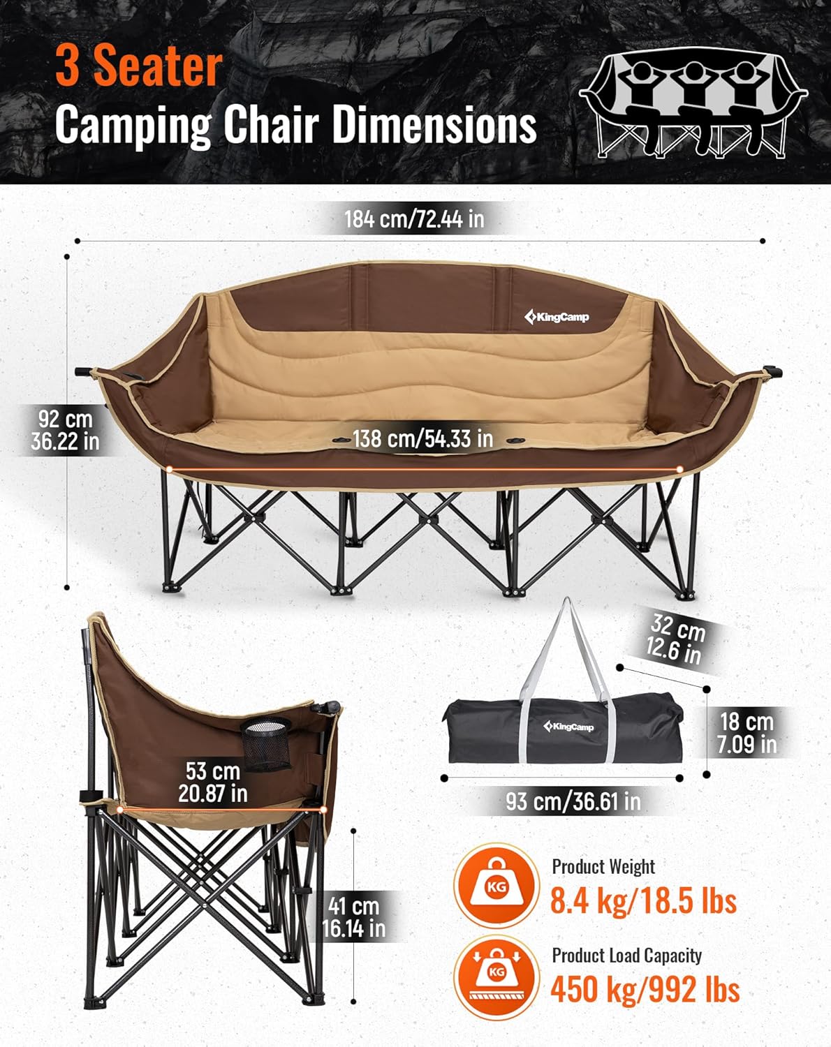 3 Seater Camping Sofa Chair 450KG Khaki