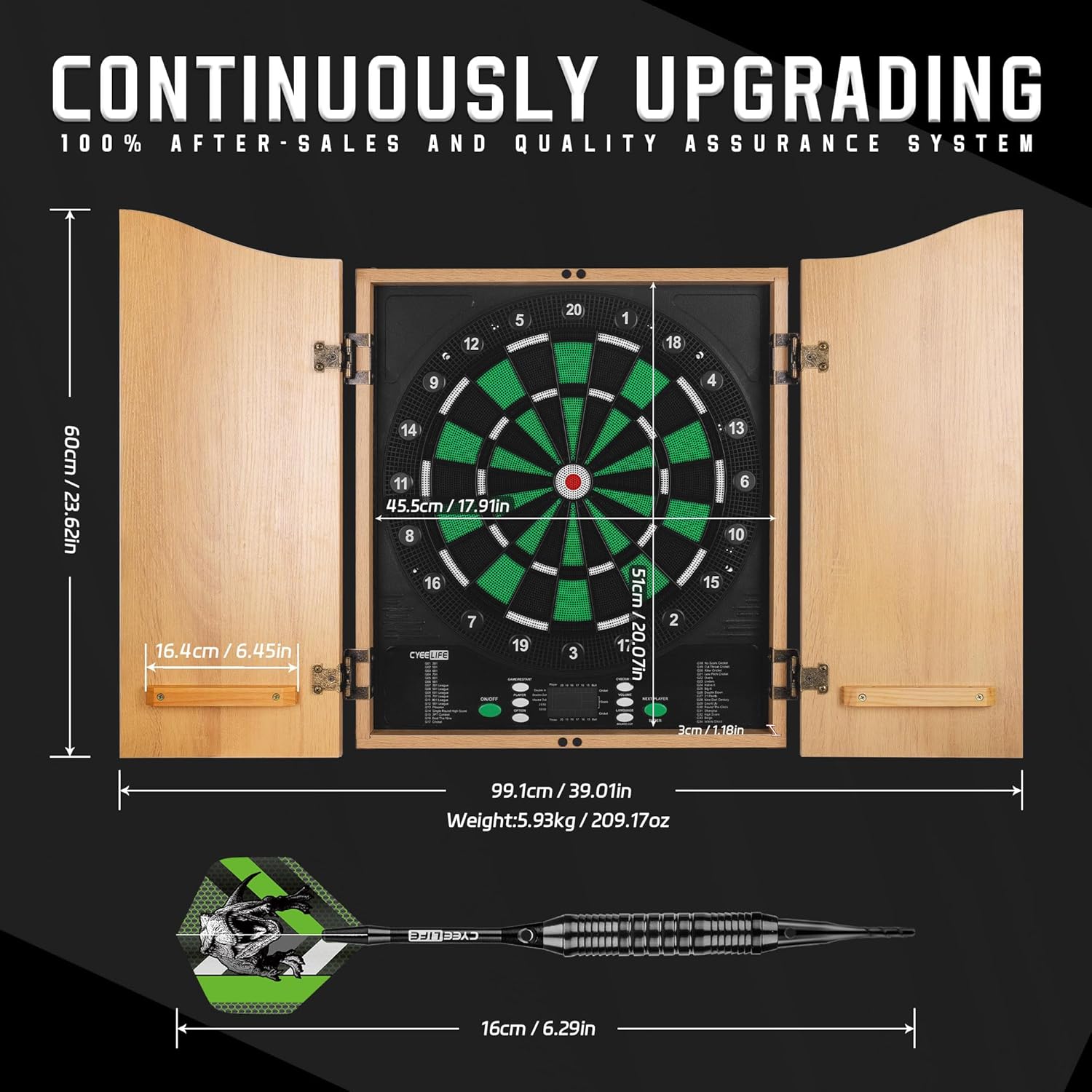 Electronic Dartboard Cabinet 8 Player LED 34 Games 12 Darts Set