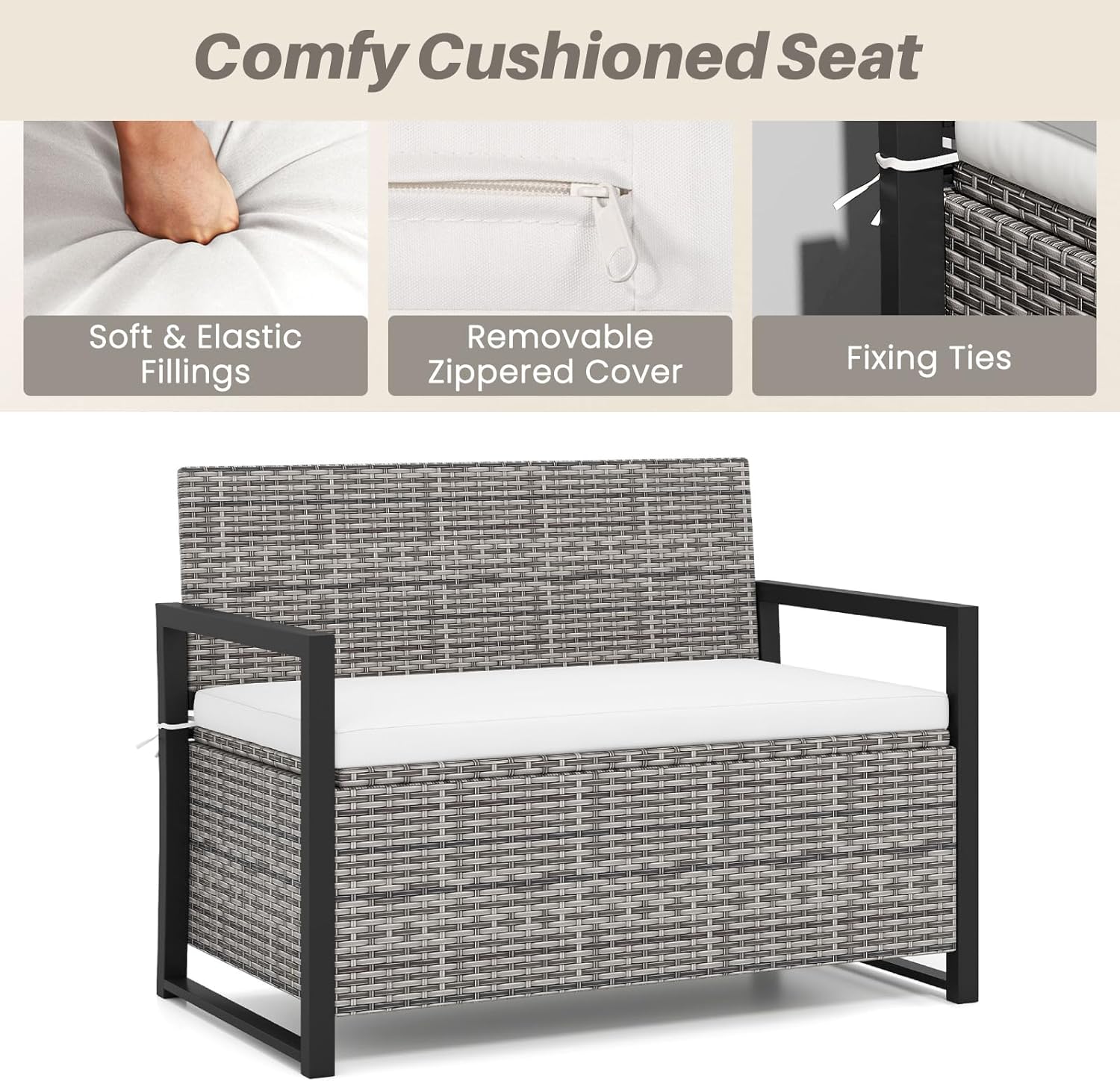 Rattan Garden Storage Bench 2 Seater Deck Box with Cushion