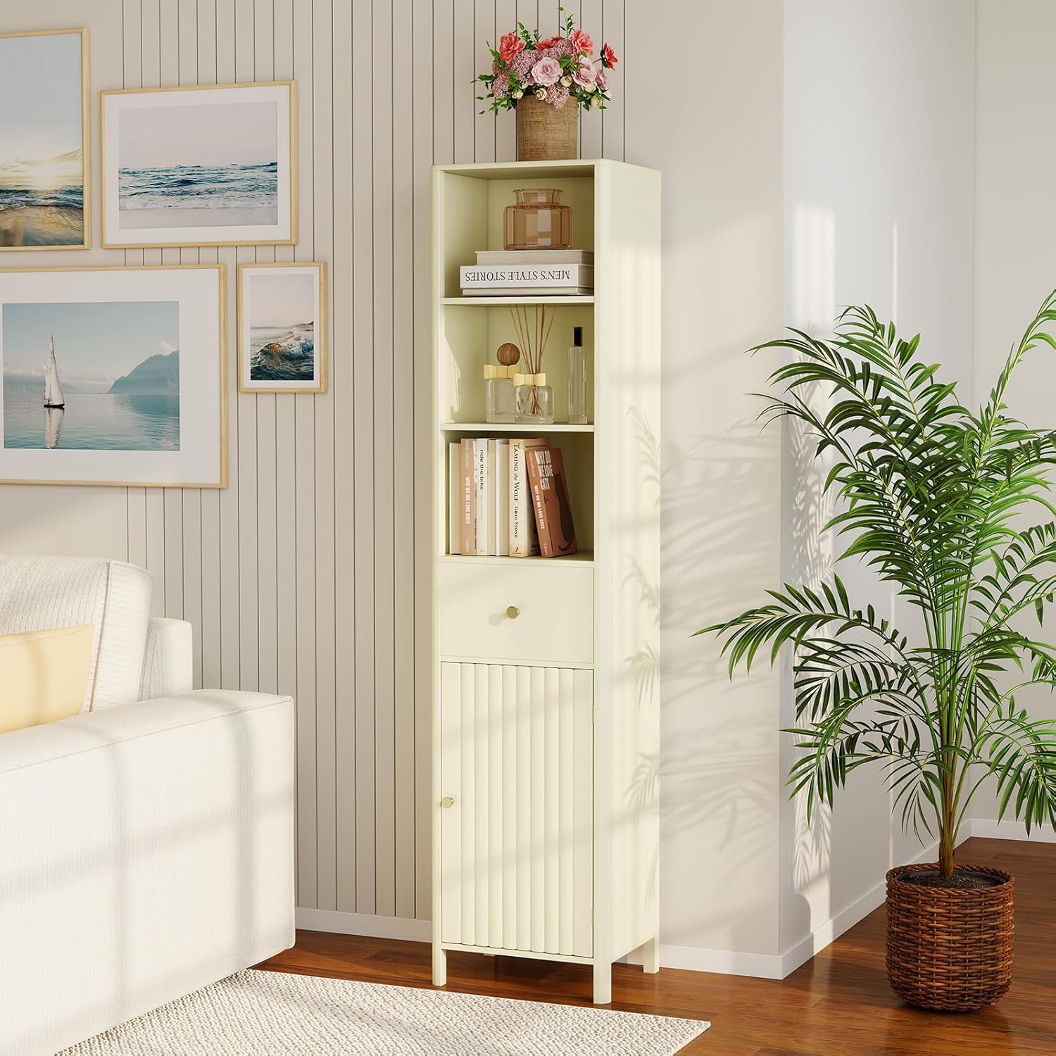 Slim Bathroom Tall Cabinet Drawer Shelf Unit Beige