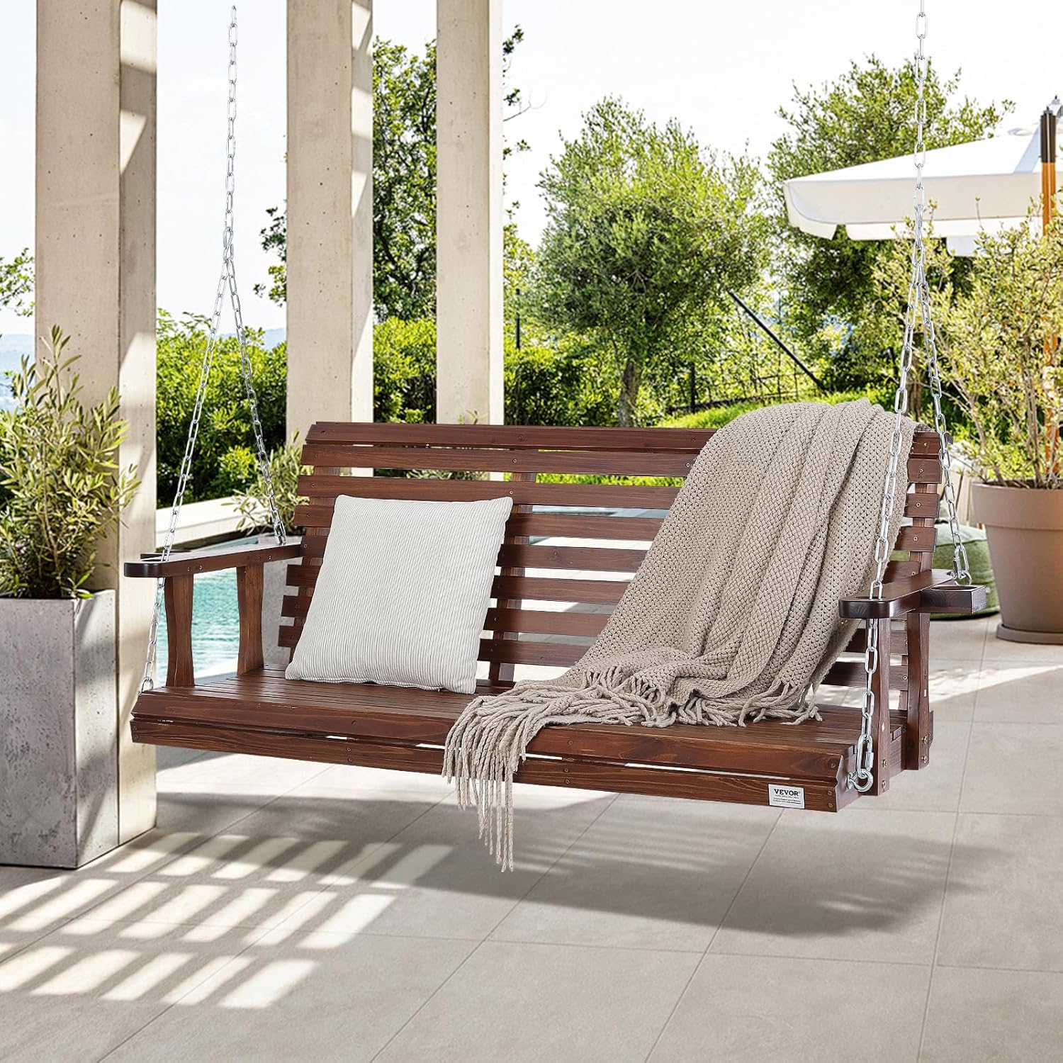 Brown Wooden Porch Swing Bench 5.5ft with Cup Holders
