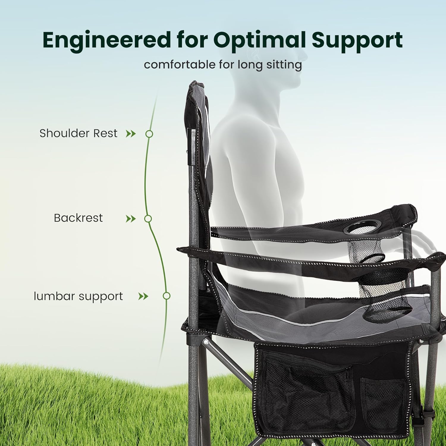 Portable High Back Camping Chair with Cup Holder Side Pocket Grey
