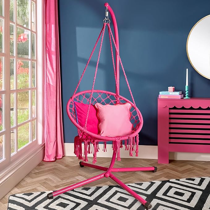 Hot Pink Macrame Egg Chair with Stand Hanging Swing