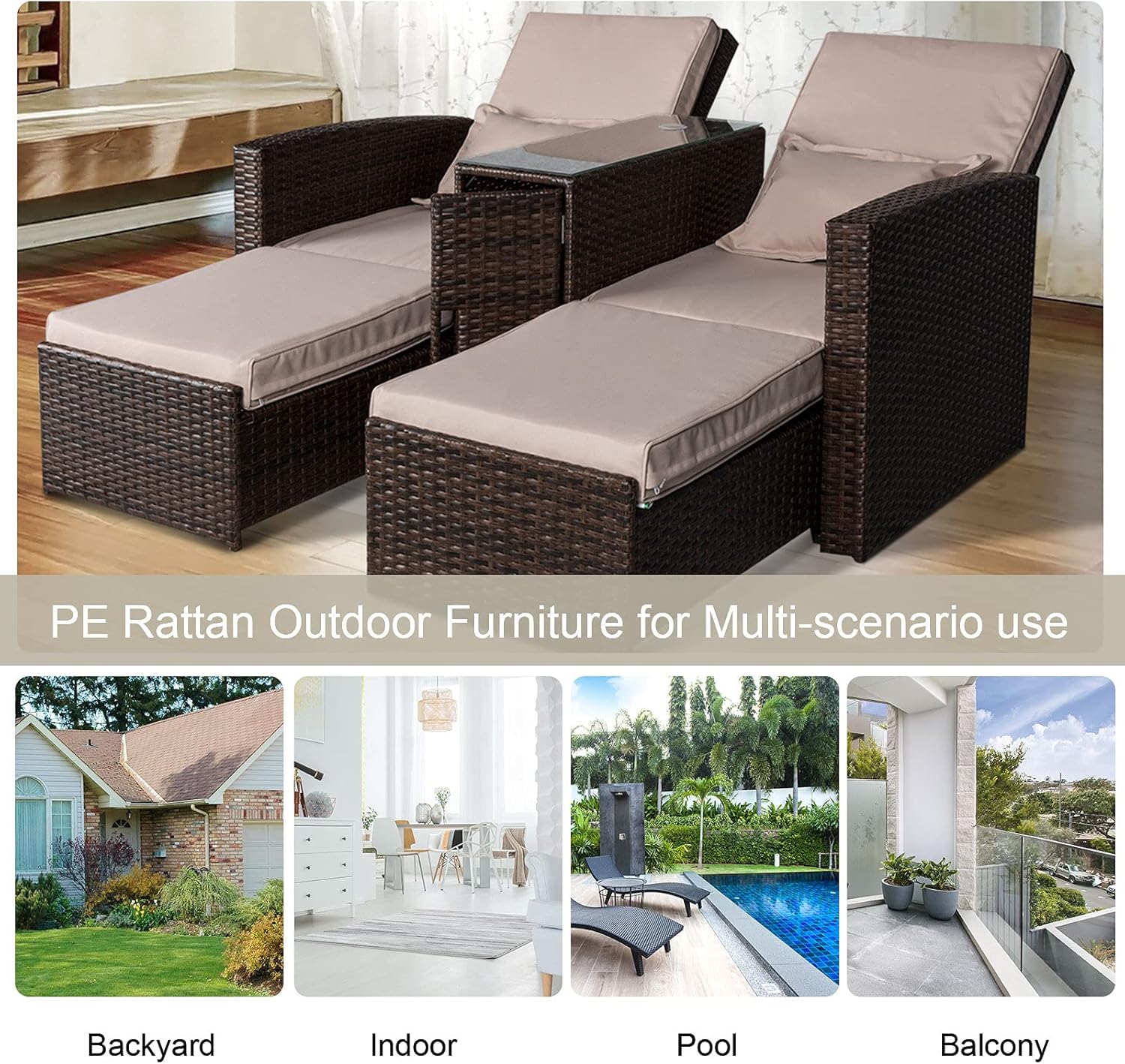 Double Rattan Sun Lounger Daybed 2 Seater with Table Brown