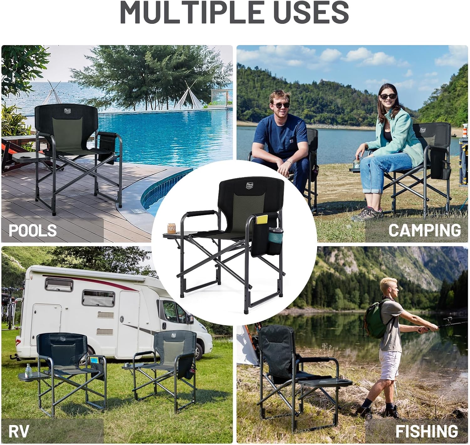 Directors Camping Chairs 2 Pack 180kg Side Table Black