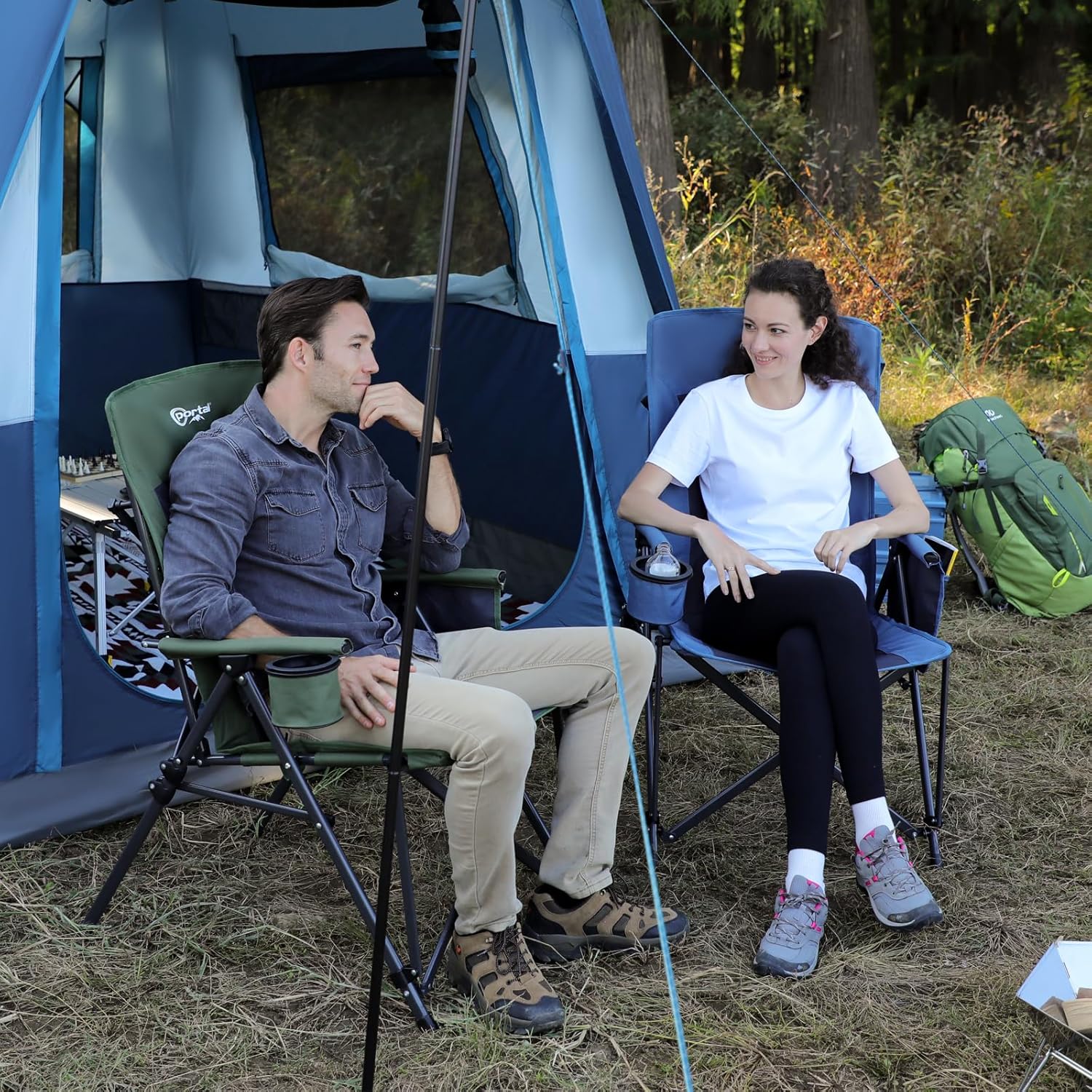 High Back Folding Camping Chair 180kg Heavy Duty Blue