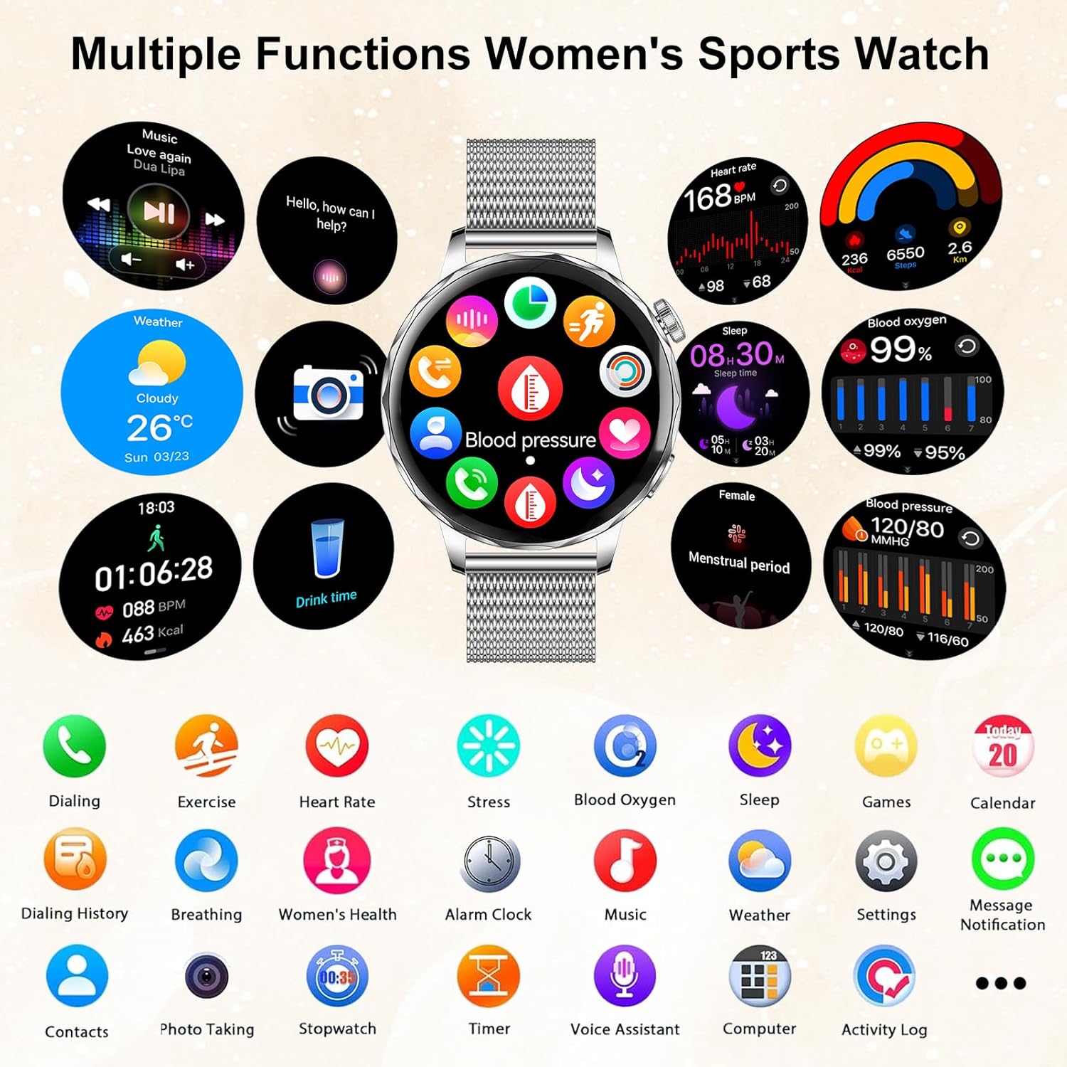 Ladies Smart Watch Call 110 Sports 2 Bands Silver