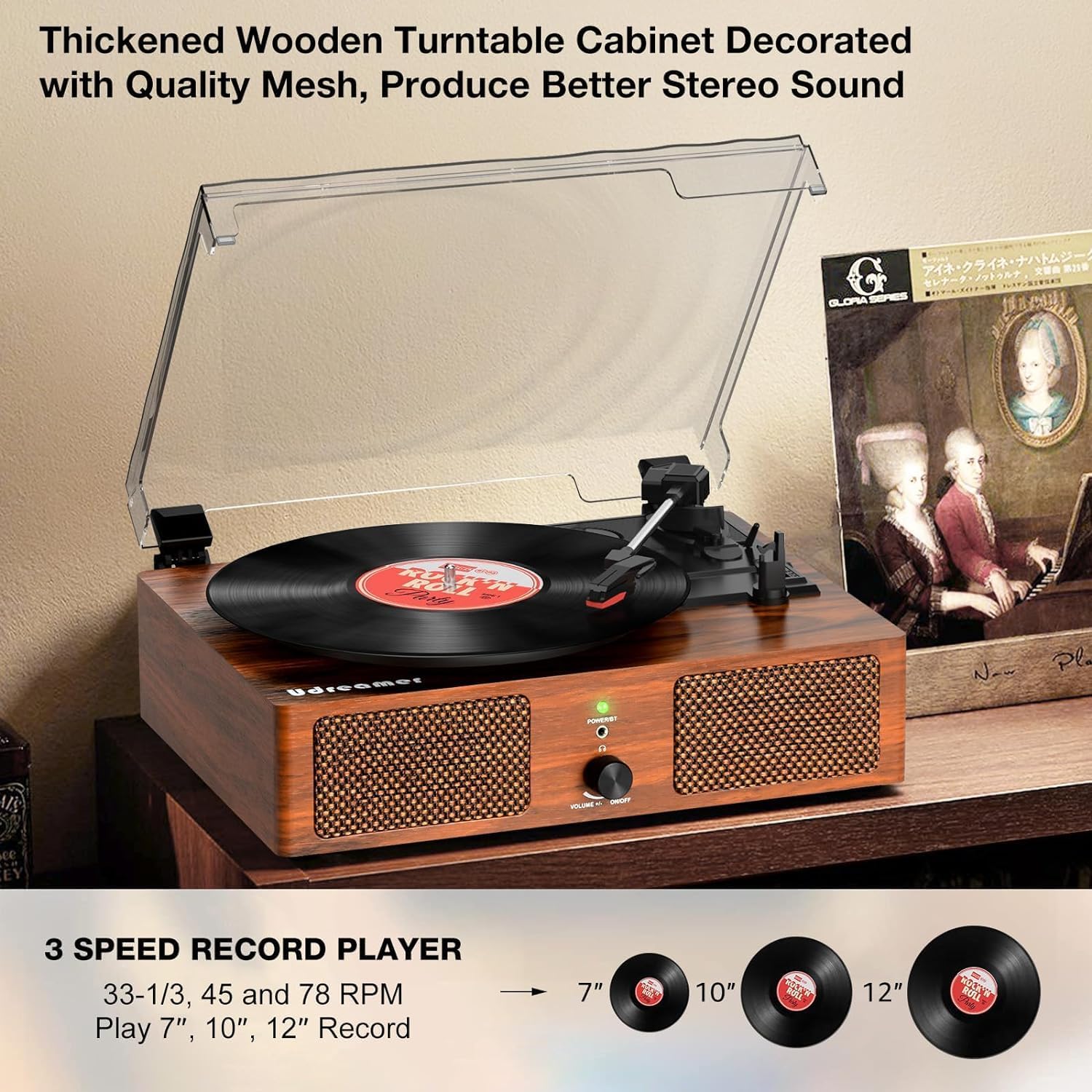3-Speed Belt-Drive Vinyl Turntable with Built-in Speakers & USB