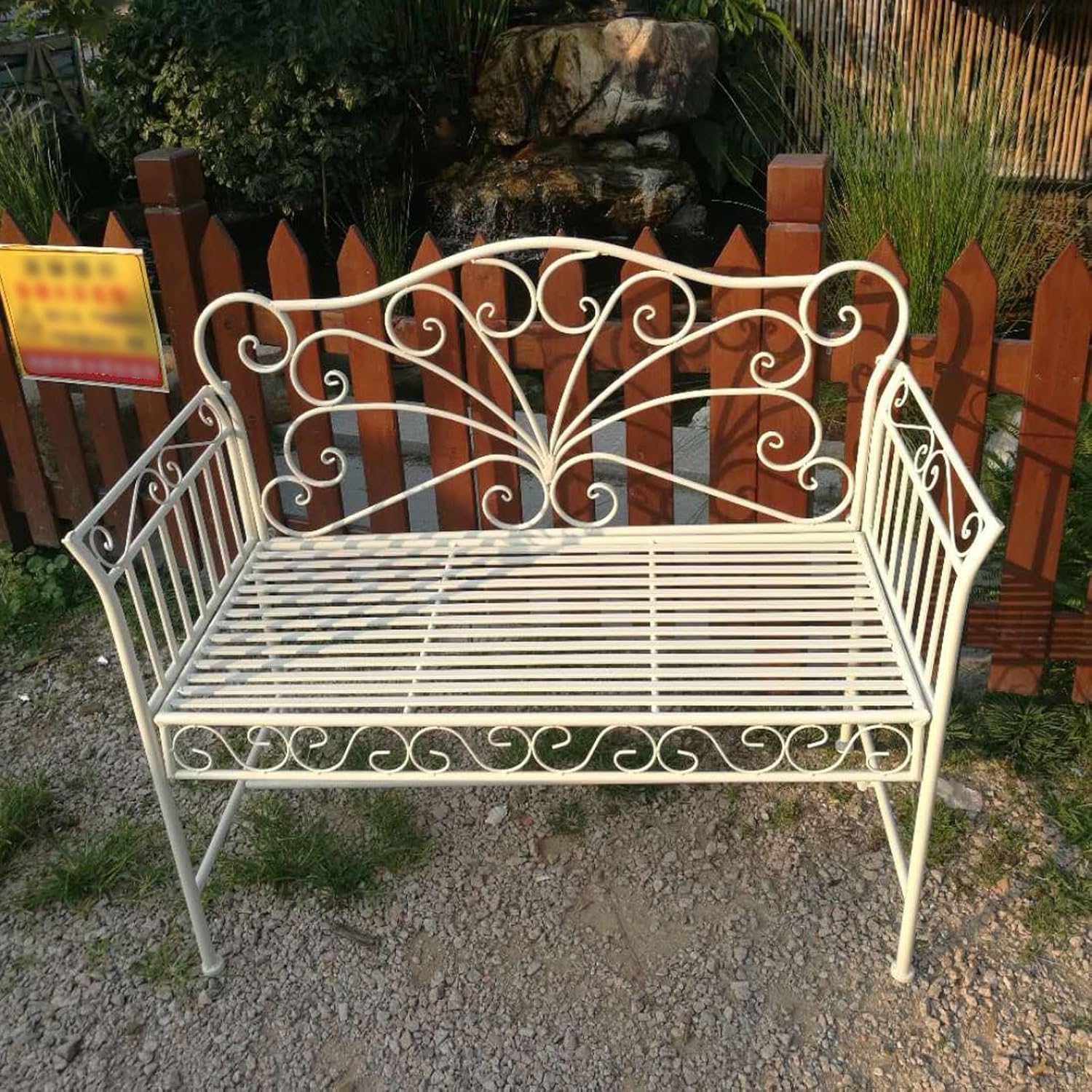 43in Outdoor Garden Bench Metal Patio Bench with Armrests White