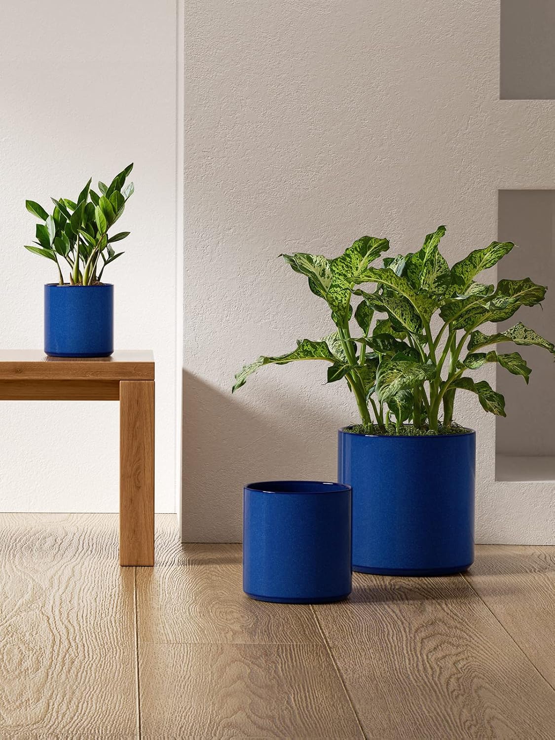 Ceramic Plant Pots Set 3 Midnight Blue Indoor Planters Drainage