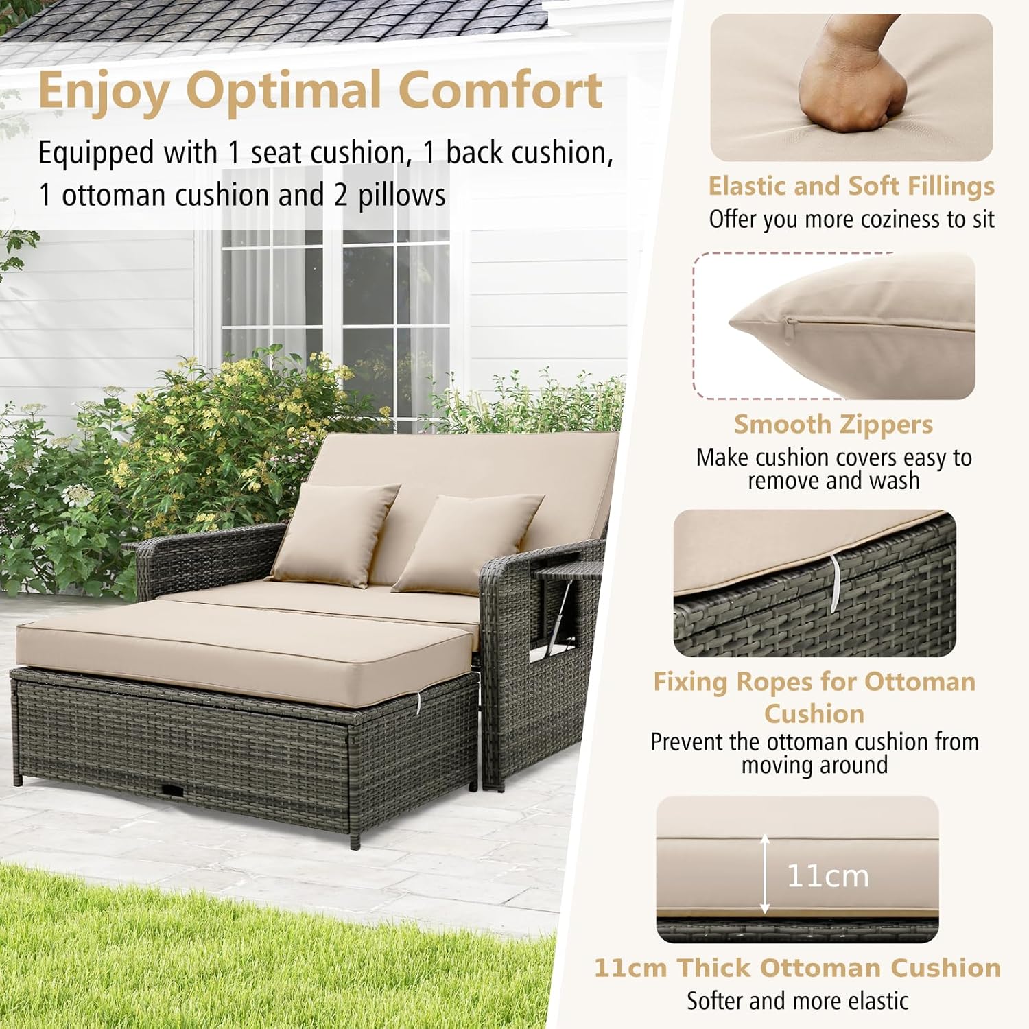 Patio Wicker Daybed Sun Lounger Sofa Storage Ottoman Beige Grey