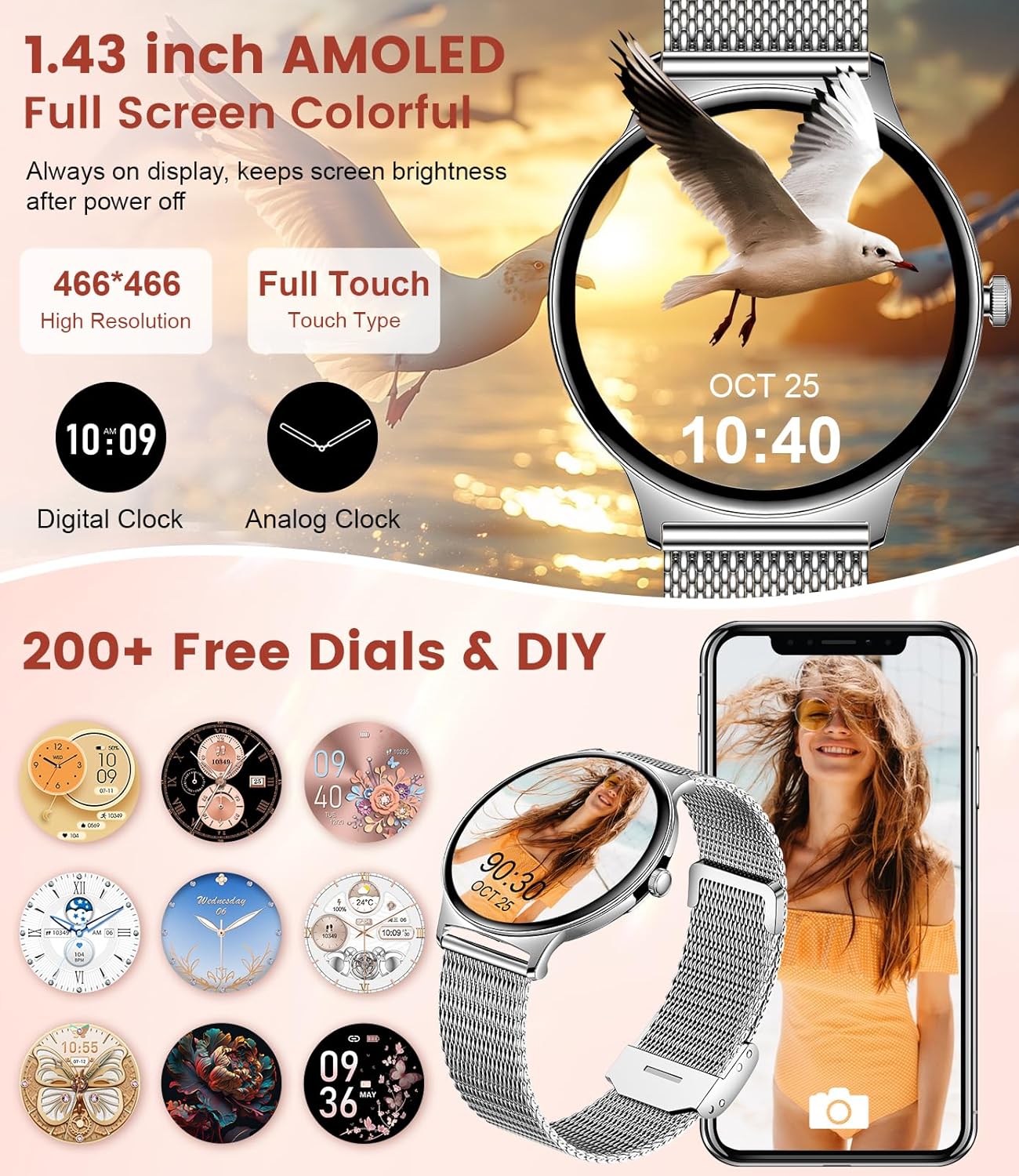 Silver Women AMOLED Smart Watch Call 120 Sports